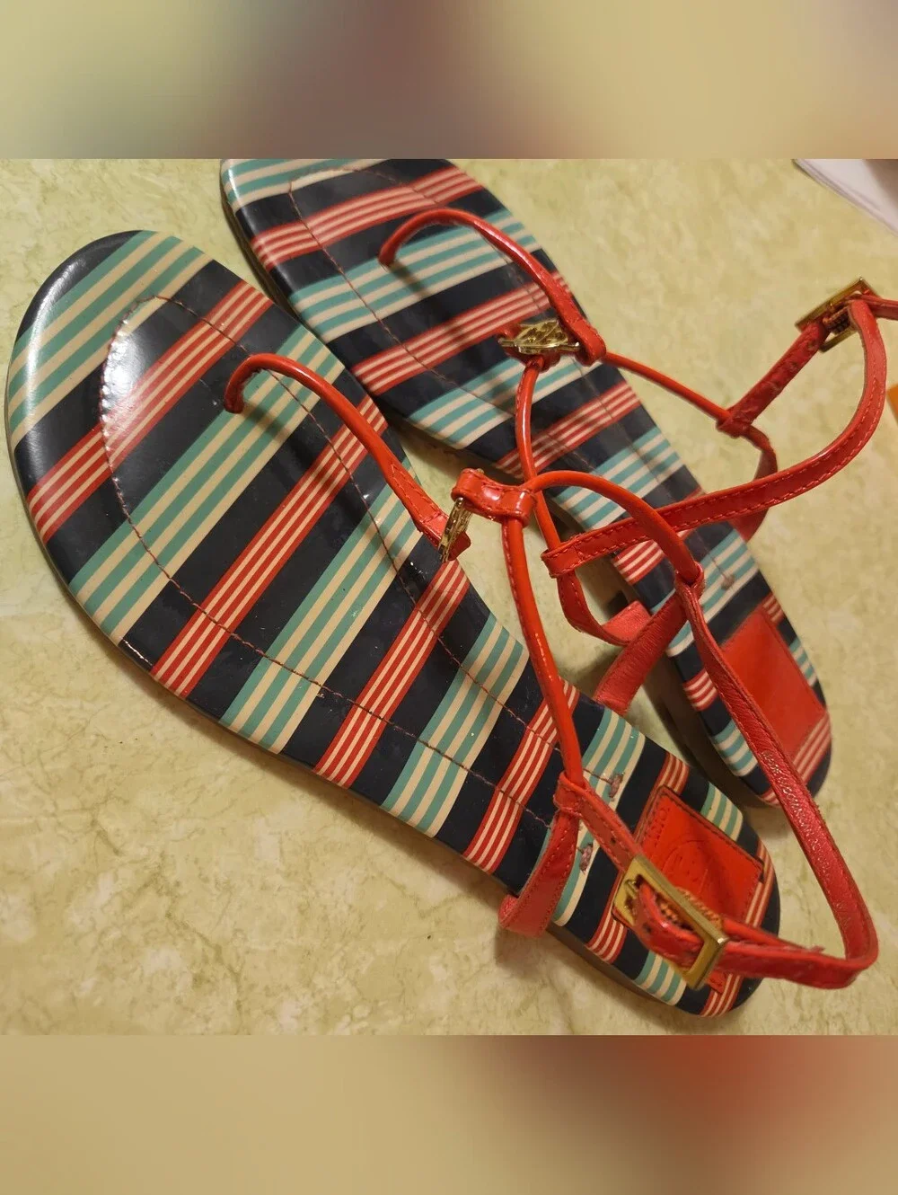 Tory Burch Red Strap Blue & Red Striped Footbed Sandals
